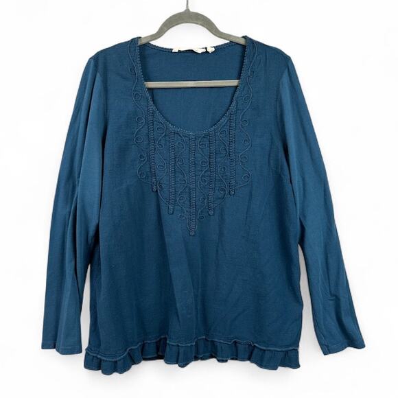 Soft Surroundings Long Sleeve Blouse XL Blue Ruffle Embroidered Mixed Media Boho - Picture 1 of 13